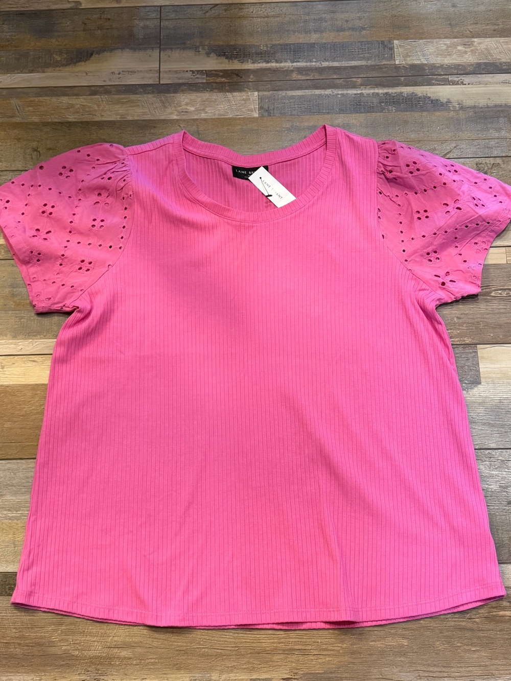 Lane Bryant Pink Ribbed Tee with Eyelet Puff Sleeves